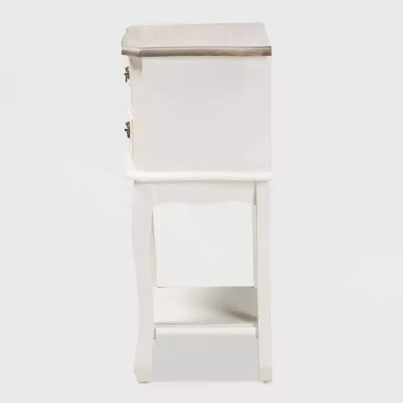 Mesita de noche de 2 cajones, blanca/roble, estilo francés, 1 persona