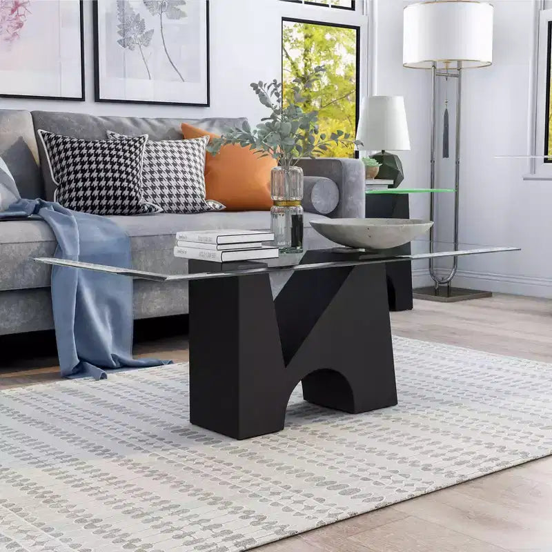 Mesa de centro rectangular moderna transparente/negra — Marco de acero y vidrio templado