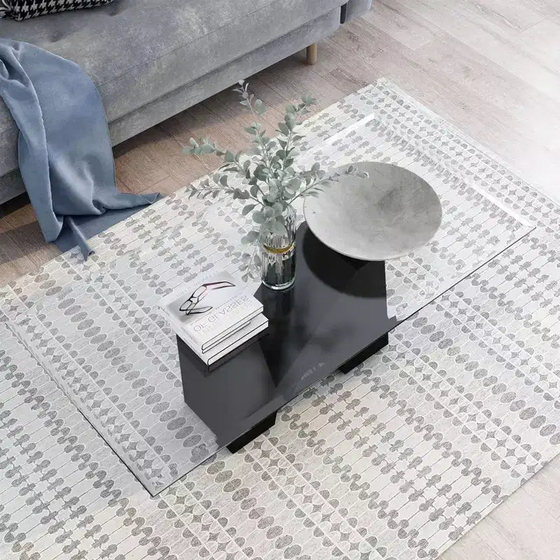 Mesa de centro rectangular moderna transparente/negra — Marco de acero y vidrio templado