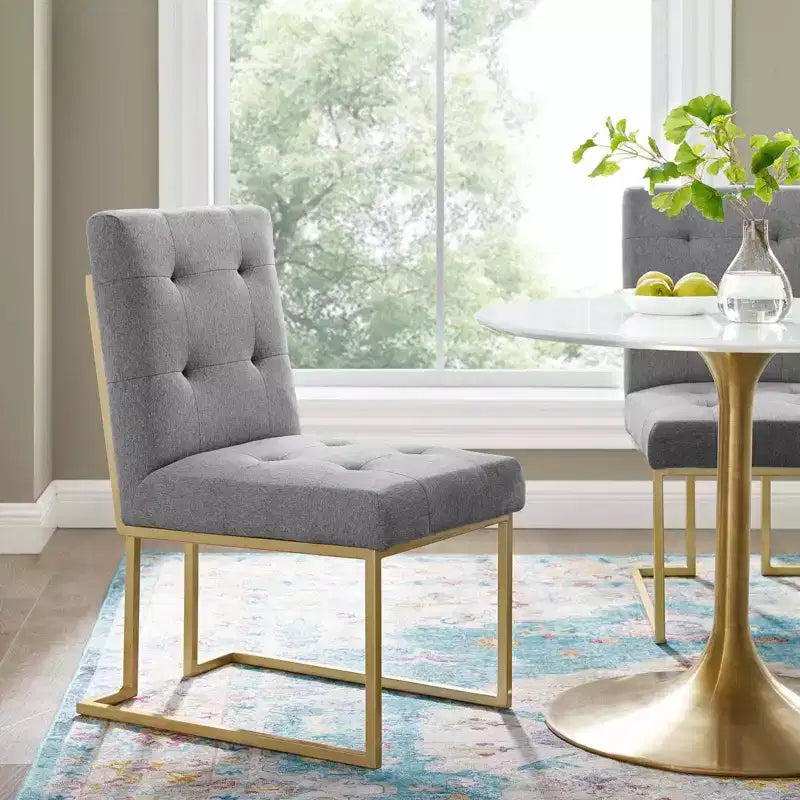 Silla de comedor tapizada sin brazos de acero inoxidable dorado, capacidad para 1 persona