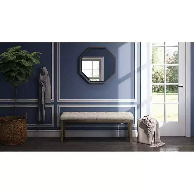 Puf otomano tapizado con mechones de lino natural/gris nube/marrón envejecido, 1-2 personas